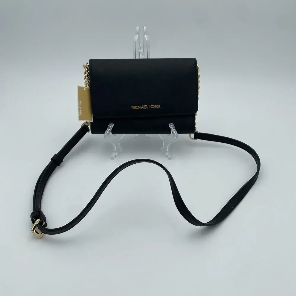 Michael Kors Jet Set Travel Crossbody Black Saffiano Leather Organizer Wallet